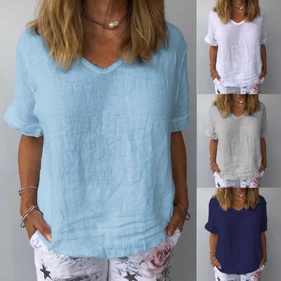 Fashion Cotton and Linen Blouse Shirt Solid Loose V-Neck Tops Casual Summer Ladies Female Women Short Sleeve Pullover