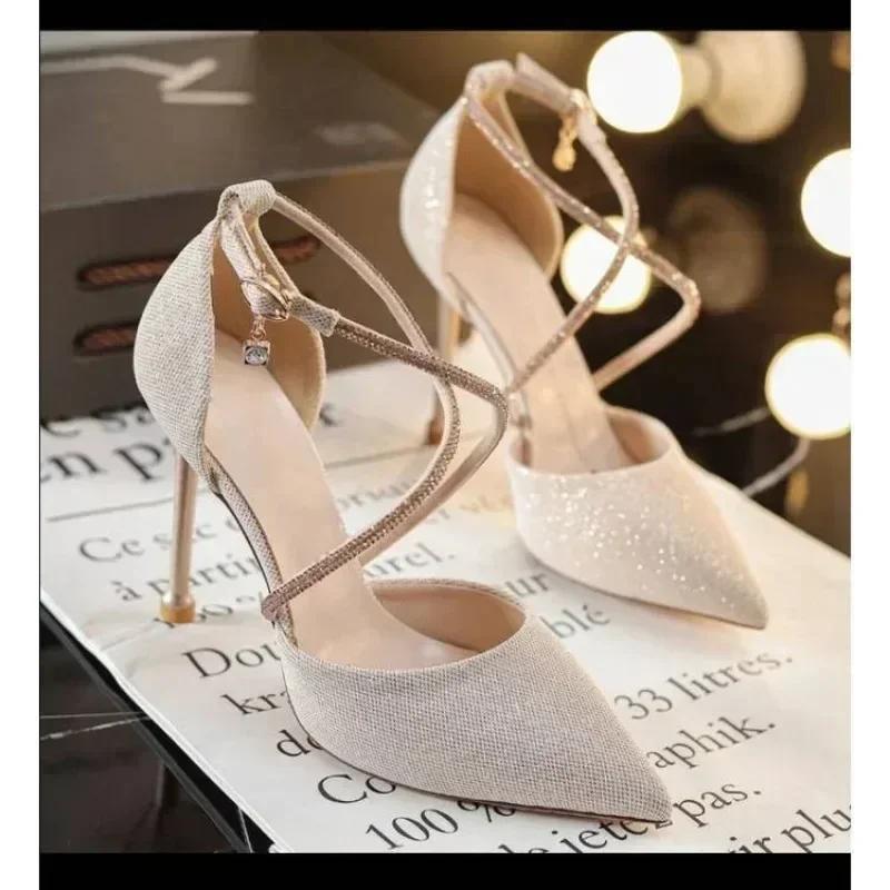 Women Luxury Glitter Pumps Women Pearls Strap Tacones Para Mujer Wedding Party Shoes Ladies Pointy Heel Cross-strap High Heels