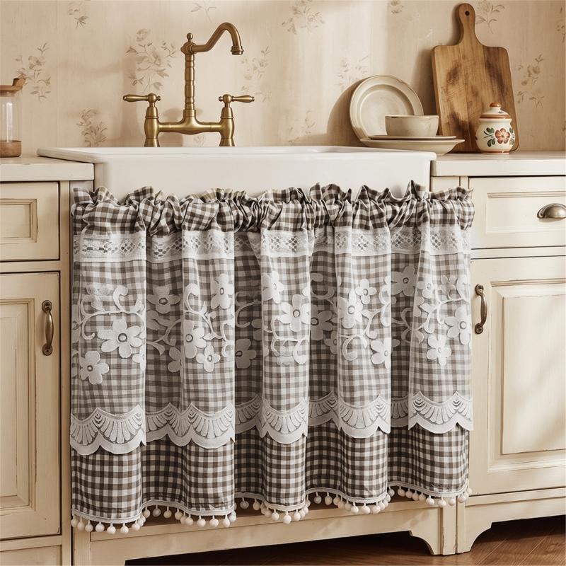 Kitchen Short Curtain Panel with Rod Pocket, Light Filtering Polyester and Gingham Trim for Bath and Cabinet Use