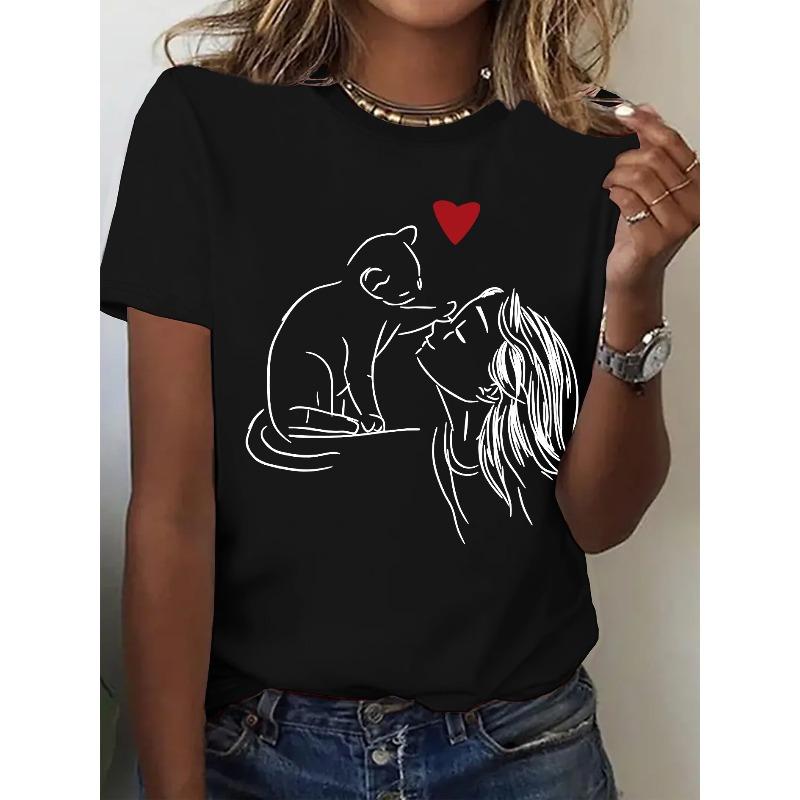 [Graphic Print T-Shirt] Women s Graphic Print T-Shirt - Short Sleeve Crew Neck Casual Top for Summer & Spring S чёрный