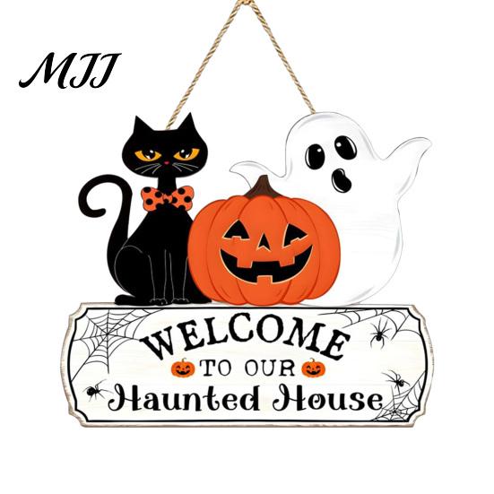 Seasonal Welcome Plaque Halloween Wood Door Sign, Pumpkin Ghost Black Cat Hanging Decor for Solid Craft Gift Front Door, Rustic Farmhouse Wall