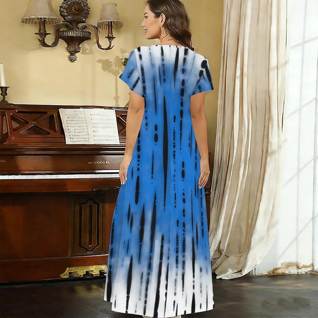 Women Plus Size V Neck Short Sleeve Abstract Printed Black White Khaki Straight Maxi Dress