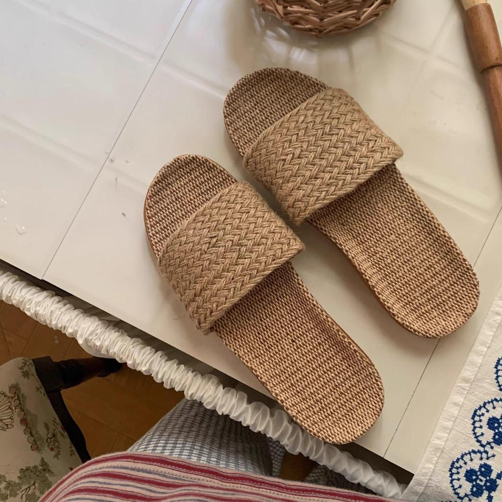 Summer Breathable Linen Indoor Sandals - Non-Slip, Sweat-Absorbing, Cotton Straw Slippers for Couples