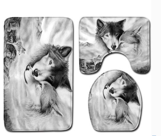 Wolf Badezimmer Toilette Dreiteilig Bodenmatte Fußmatte Badezimmerteppich