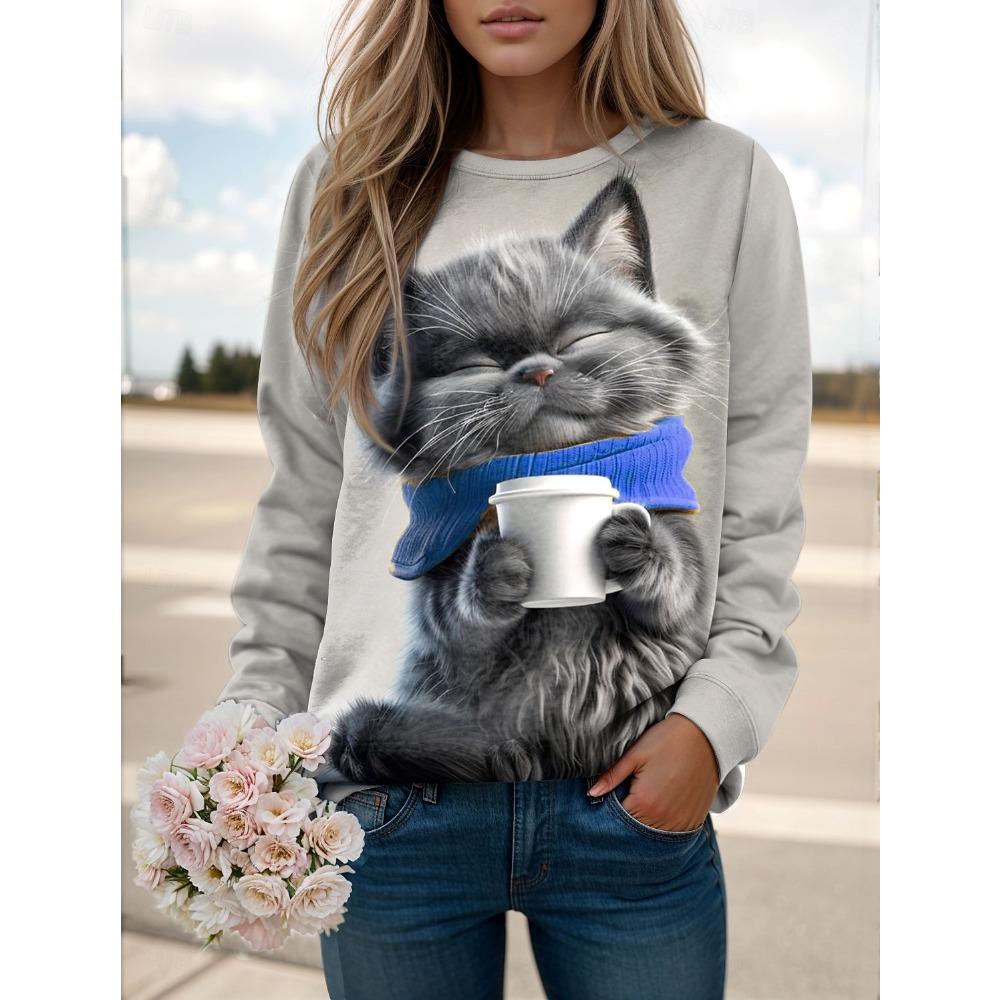 Fashion Women's Cute Cat Graphic Sweatshirts 3D Print O-Neck Long Sleeve Tops Women's Apparel Y2K Streetwears Fall Pullover