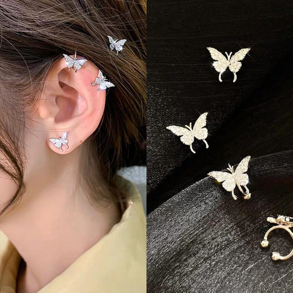 Koreanisches Temperament Glänzend Eingelegt Zirkon Schmetterling Piercing Stecker Ohrringe Ohne Ohrlöcher Ohrklemme für Damen Süßer Romantischer Schmuck