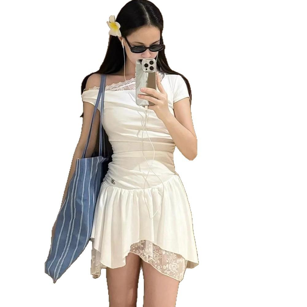 Pure desire Spice Girl slanted shoulder lace splicing skirt women's summer niche design high sense irregular white dress