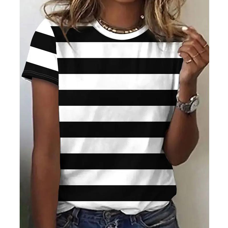

Жіноча літня футболка в смужку, ретро-мода, футболки з коротким рукавом, повсякденні друковані топи L чорний