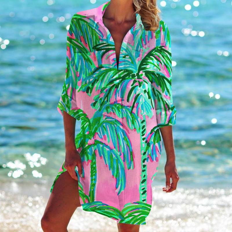 Summer Graffiti 3D Print Blouses Women Long Sleeve Beach Blusas Mid-length Shirts Buttons Shirt Blouse Girl Holiday Pocket Tops
