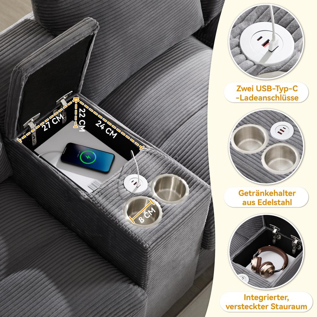 4-Seater Sofa in U-Shape with Storage, Corduroy Fabric, Stainless Steel Drink Holders and Two USB Ports, for Living Room, Bedroom and Apartments