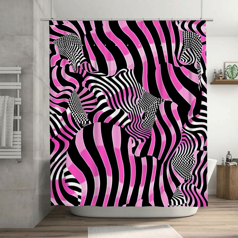 Black Pink Zebra Striped Shower Curtain For Bathroom Decor Polyester Fabric With Rings Holder Set (L)