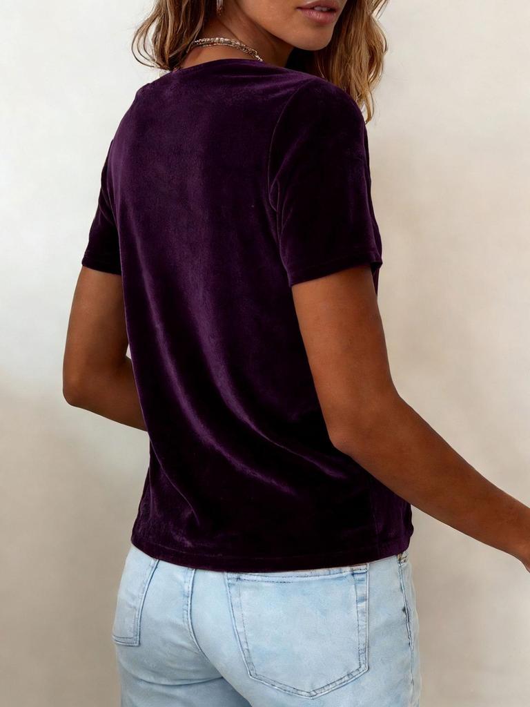 2026 Modny Europejski i Amerykański Damski Ażurowy Kołnierzyk Krótki Rękaw Aksamitny T-shirt w Jednolitych Kolorach