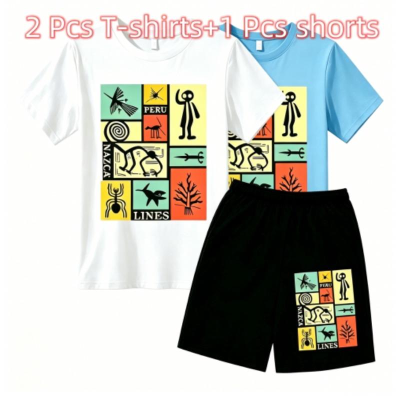 Fashion Retro Mysterious Runes Print Outdoor Street Kids T-shirt and Shorts Summer Home Casual Outfit Boy and Girl's Sports Set