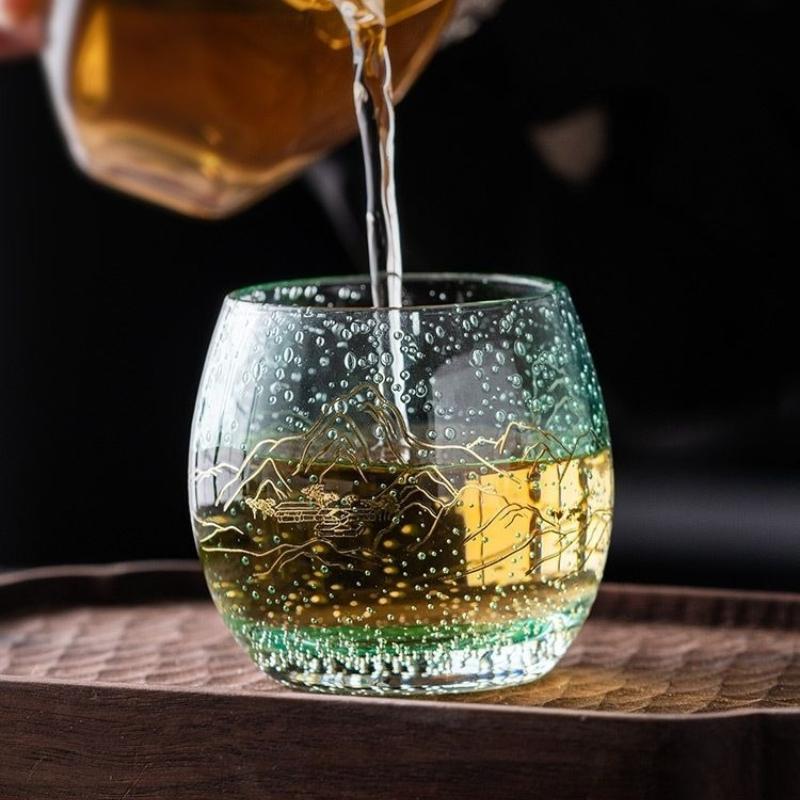 Crystal Glass Tea Cup with Hand-Painted Landscape, Personal Gongfu Tea  & Sake Cup - Artistic, Elegant, Durable, Heat Resistant