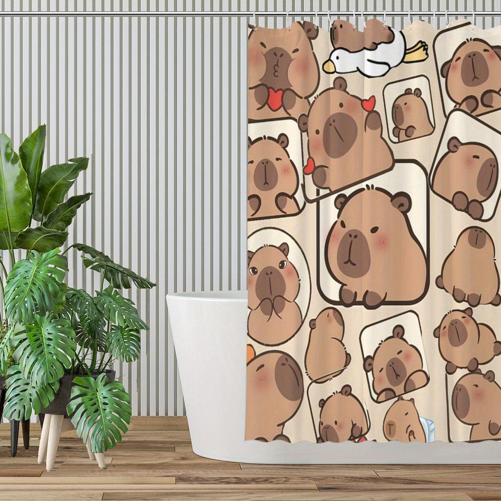 Capybara Shower Curtain – Cute Cartoon Animal Pattern, Kawaii Style With Playful Capybaras, Polyester, Includes Hooks