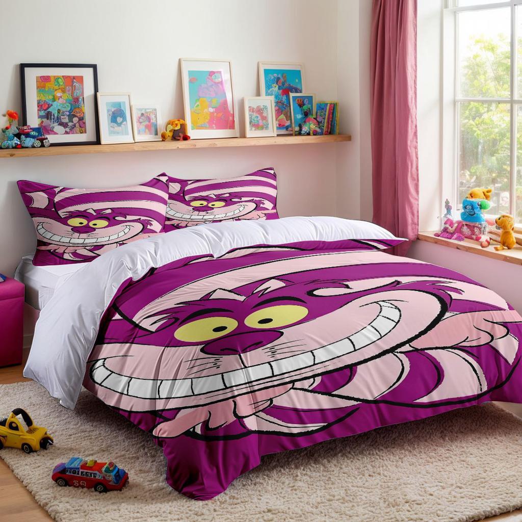 Alice In Wonderland Cheshire Cat Bedding Set Kawaii Pink Purple Duvet Cover With Pillowcases Anime Quilt Cover Bedroom Decor