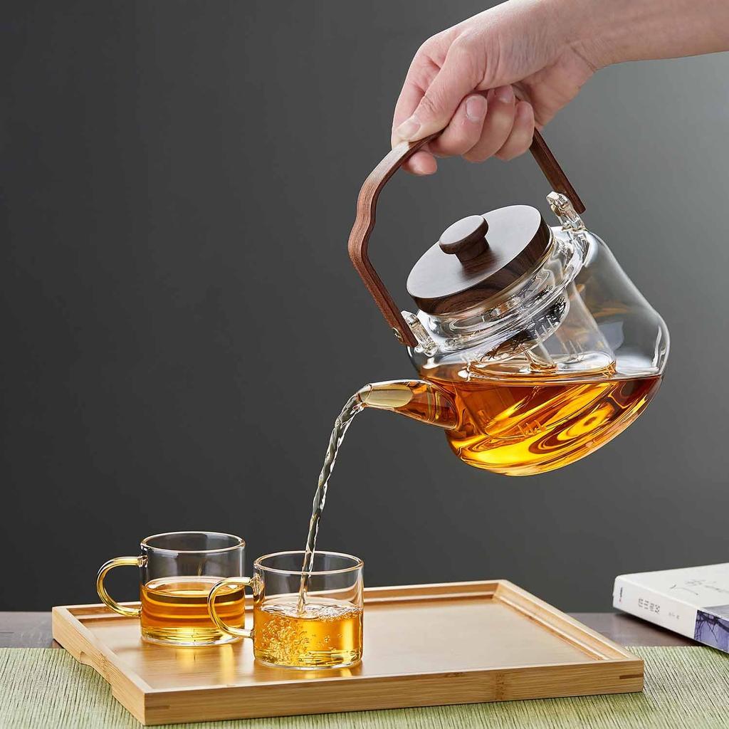 Pokaro Tea Heat-Resistant Glass Teapot, 1090ml, for Steamed and Boiled Tea, Transparent Design with Wooden Handle and Glass Tea Strainer,