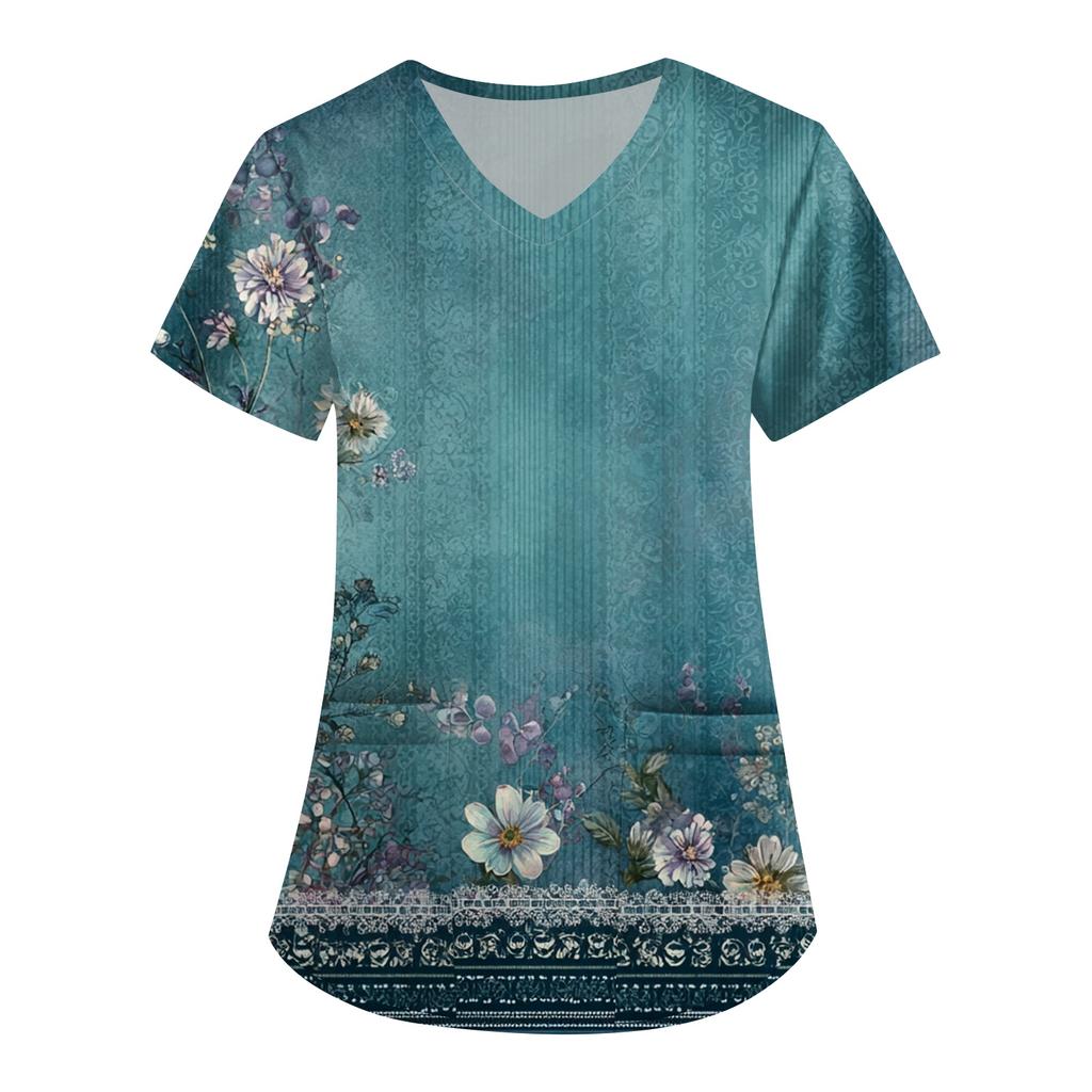 Plus SizePrinted Scrub Working Uniform Tops For Women's Cross V-Neck Print Short Sleeve Fun T-Shirts Workwear Tee With Pockets