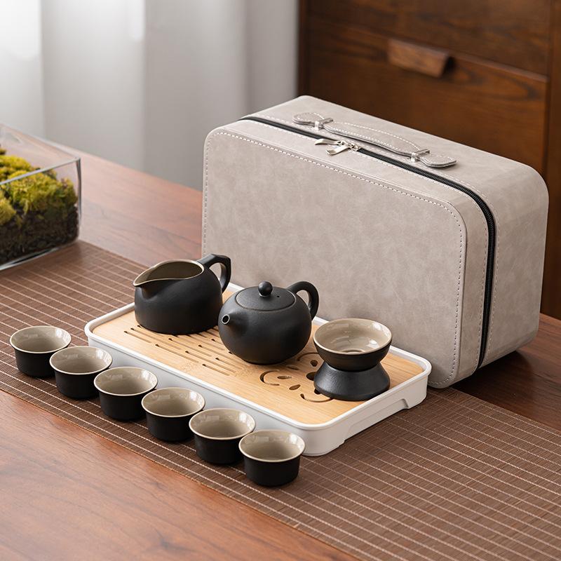 Travel Kung Fu Tea Set Small Set Household High-End Teapot Ceramic Teacup Outdoor Tea Tray Portable Bag