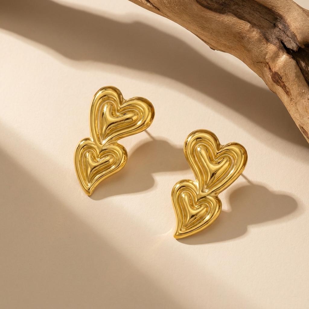 Elegant Double Love Heart Pendant Earrings For Women Stainless Steel Gold Plated Metal Texture Earring Wedding Party Jewelry
