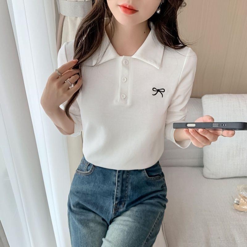 POLO shirt, spring and autumn 2026 new model, base shirt with bow embroidery, women's slim-fit t-shirt