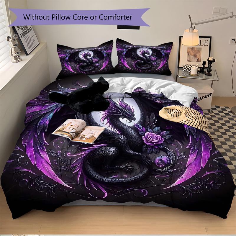 3pcs Purple and Black Dragon Print Cover Set Ultra Soft, Breathable, and Comfortable Bedding with Stylish Design for Bedroom and