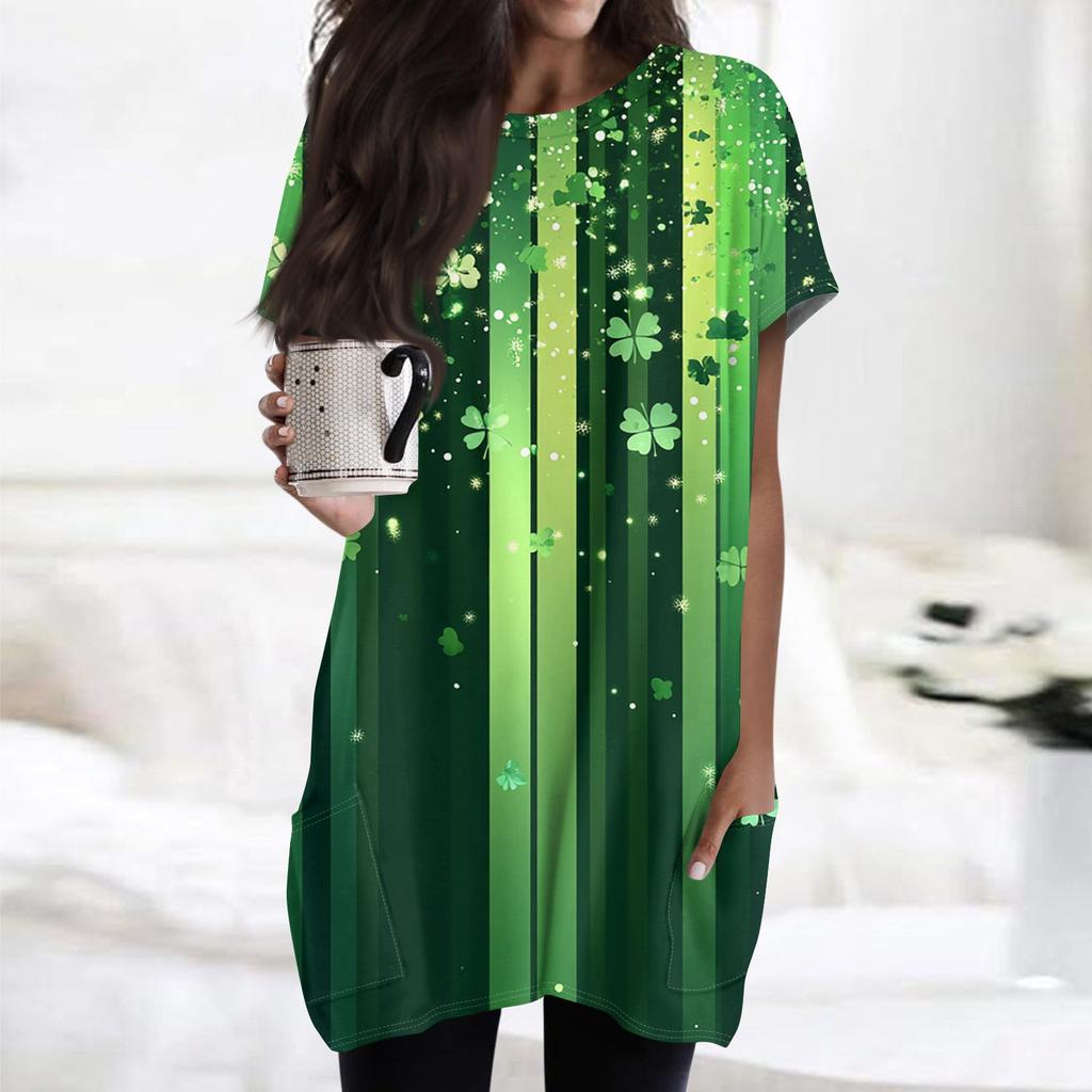 Damenmode Lässig Kurzarm Print Rundhals Doppelpocke T-Shirt Top