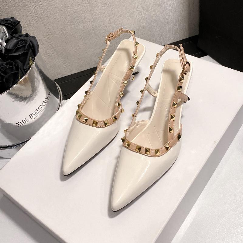Baotou Sandals Women's Middle Heel Summer New Patent Leather Pointed Head Rivets Thin Heel Single Shoes One-word Buckle with Empty High Heels