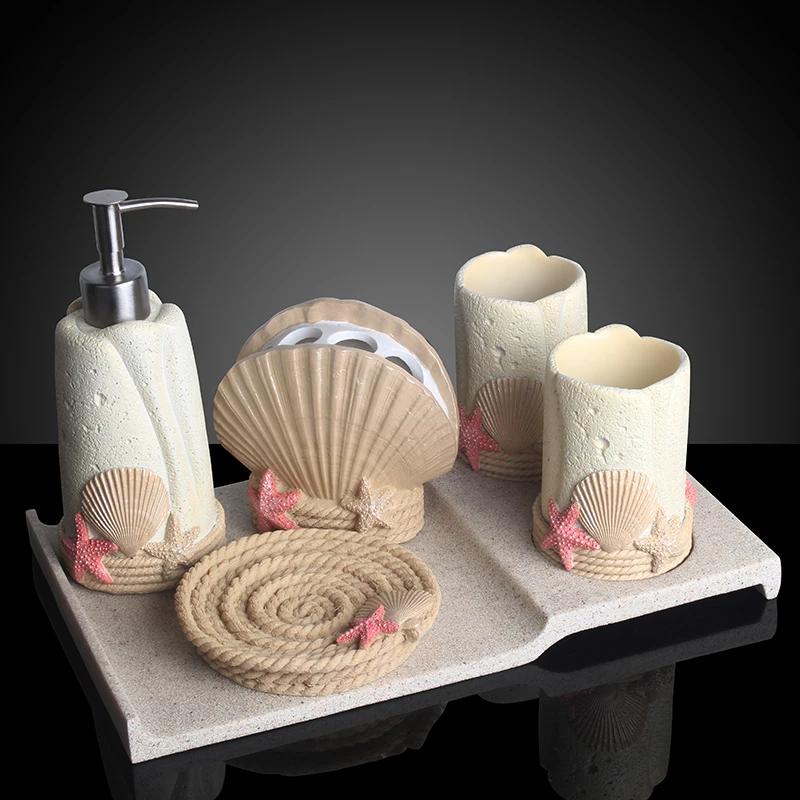 Summer Style Resin Bathroom Accessories 5 Pcs/set Portable Soap Dispenser Beach Shells Lotion Bottle Toothbrush Holder Soap Dish