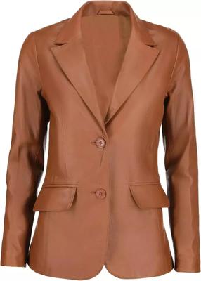 Handmade Classic Stylish Women Blazer Tan Two- Button Genuine Lambskin Leather