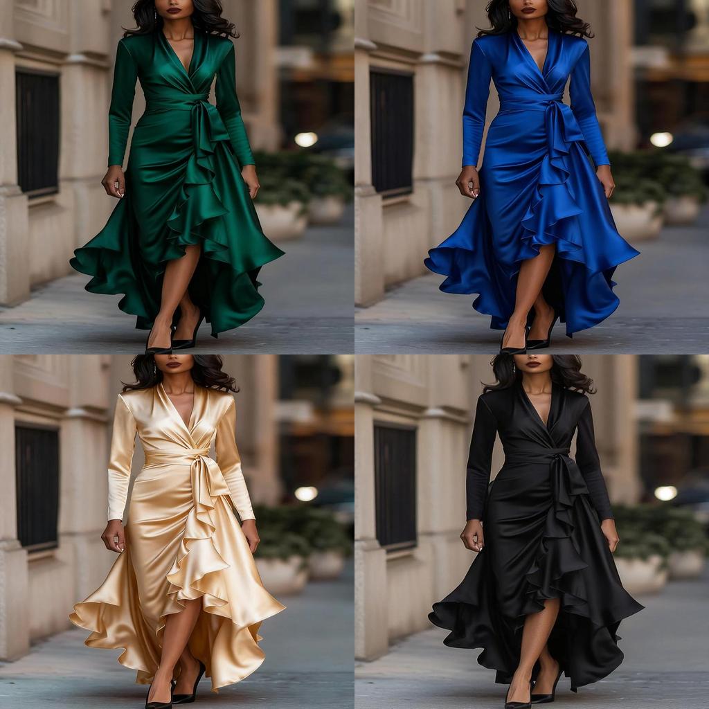 Polyester Satin Vneck Waist Ruffle Dress For Elegant Occasions