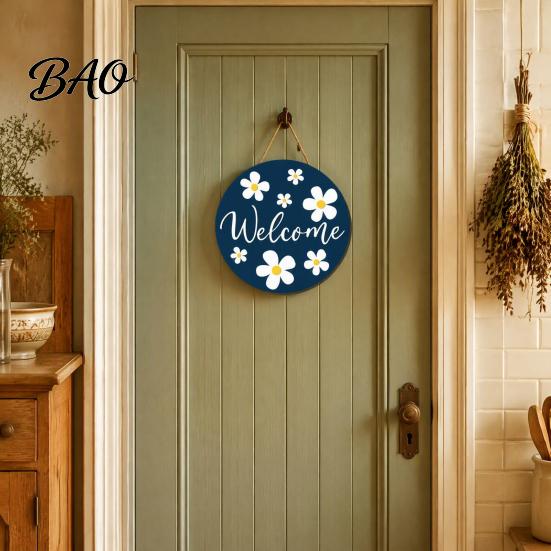 Indoor Outdoor Wall Decor Wooden Daisy Welcome Sign for Front Door, Rustic Farmhouse Hanging Gift Friends with Hemp Rope, Wood Plaque Home Entrance