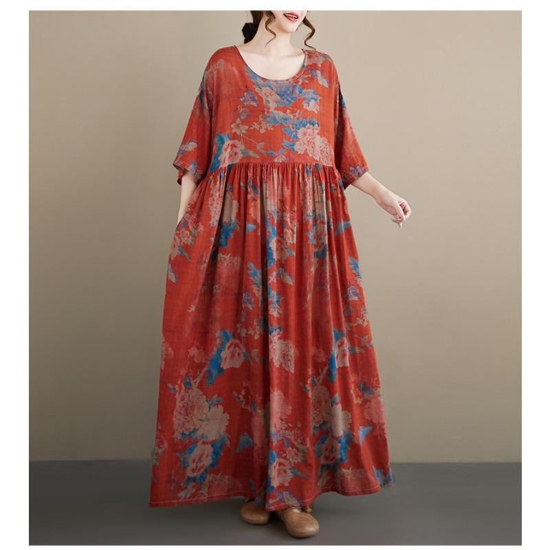 DIMANAF New 2026 Summer Women Plus Size Vintage Lady Long Dress Beach Loose Oversize Maxi Floral Print Cotton