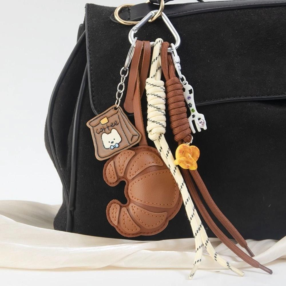 Hand-Woven Ladies Horn Bag Pendant Diy Braided Rope Pu Leather Bread Keychain  Kids Gifts