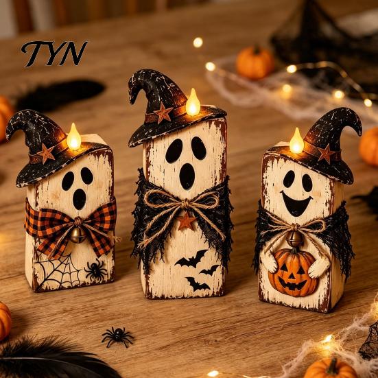 Vintage Farmhouse Fall Accents 3Pcs Rustic Wooden Halloween Cat Tabletop Decor, Black Figurine Moon Star Pumpkin Art with Witch Hat,