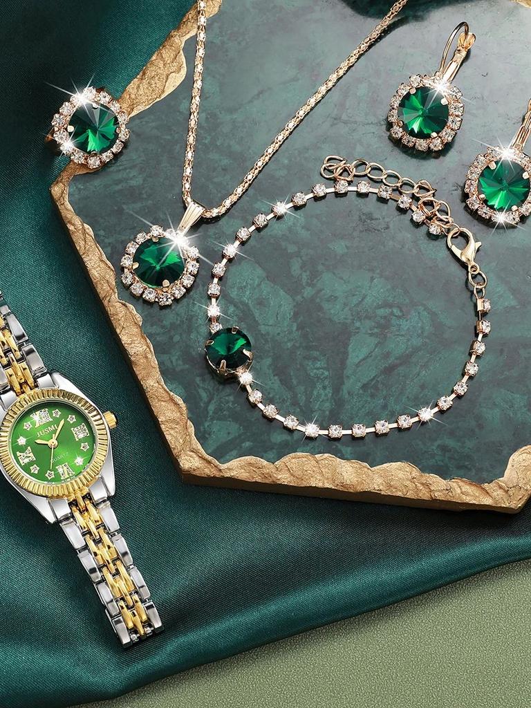 Ladies' New Round Large Dial Steel Strap Quartz Watch Fashion Emerald Hand Chain Necklace Ring Earrings Temperament Versatile Ho