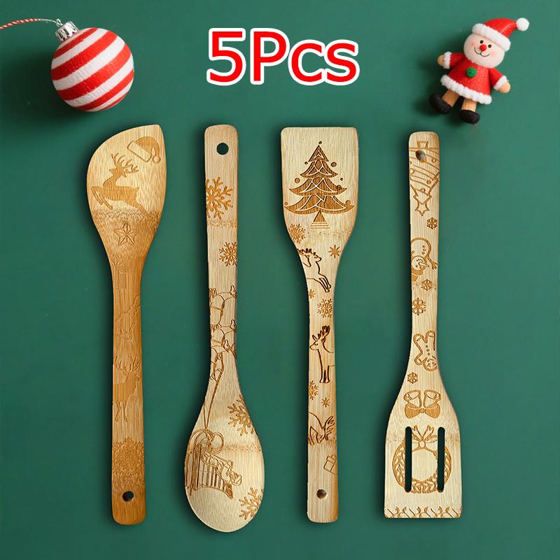 5 ks/sada Bambusové lžíce Kuchyně Vánoční potisk Ideální vánoční dárky Salátová špachtle Rodinné kuchyňské náčiní Pečení