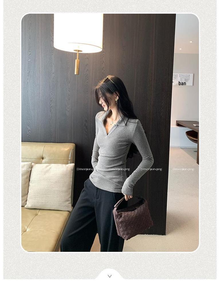 Elegant Korean Style Grey Slim Fit Lapel T-shirt: Women's Autumn/Winter Long Sleeve Base Layer Top