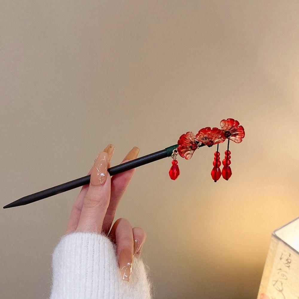 Vintage Red Rose Fringe Hairpin Fashion Chinese Hairpin Headwear Retro Red Hair Stick  Disk Hair
