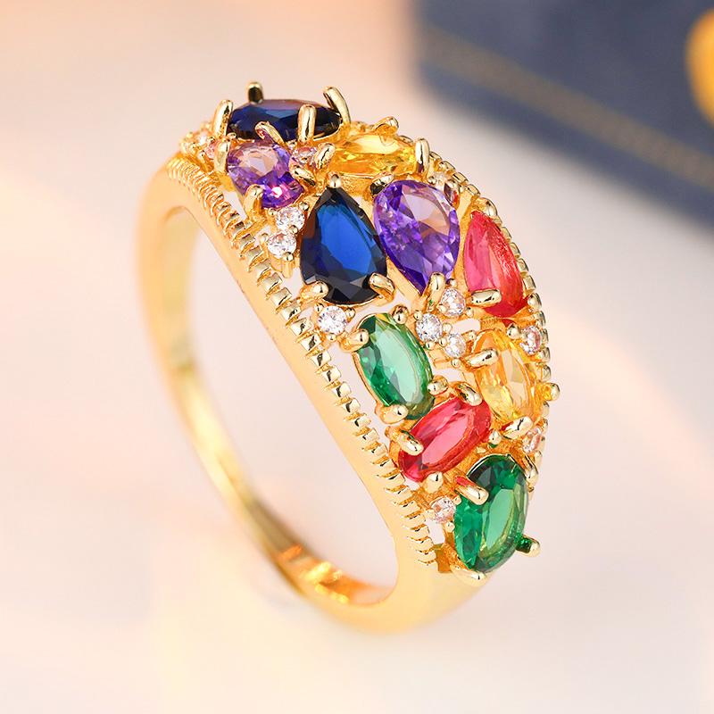 Exquisite Inlaid Multicolored CZ Women's Ring Trendy Gold Color Geometry Daily Wear Party Jewelry Anniversary Gift