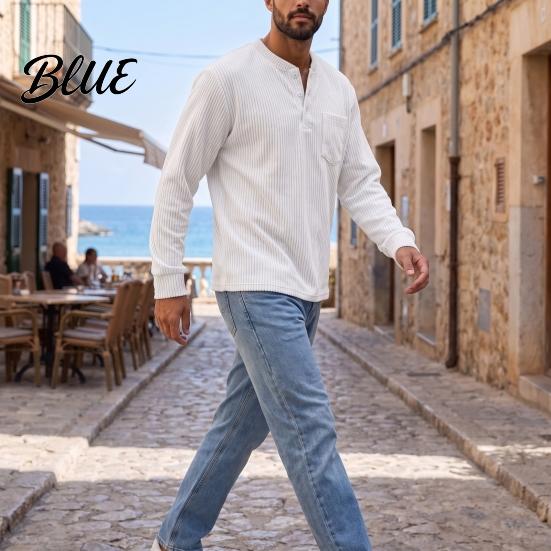 Versatile Ribbed Cuff Pullover Men Corduroy Shirt, Long Sleeve Button Collar with Chest Pocket, Layering Shirts for Loose Fit Textured Sweatshirt Fall