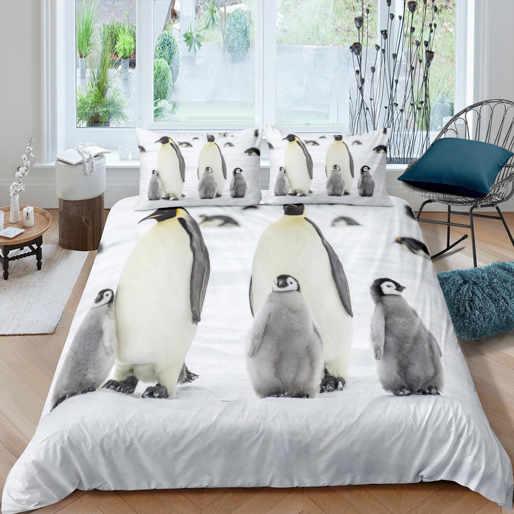 Penguin King Queen Duvet Cover Lovely Black White Antarctic Animals Bedding Set For Kids Wildlife 2/3pcs Polyester Quilt Cover