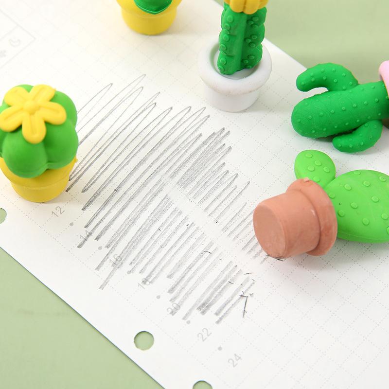 4Pcs Cute Cartoon Cactus Succulent Potted Shaped Eraser Less Crumb Pencil Eraser Primary School Student Stationery Supplies Gift