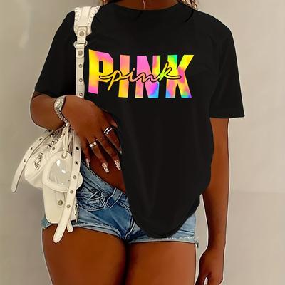 Women's Letter Print Graphic T-Shirt Short Sleeve Crew Neck Casual Top For Spring & Summer