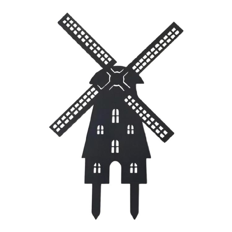 Balcony Pot Display Metal Garden Stake Plaque, Black Mill House Shape Yard Accent with Two Prongs for Flower Section Edges and Outdoor Placement