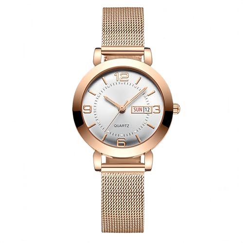 Women s watch with stainless steel strap, calendar, and luminous light (silver)