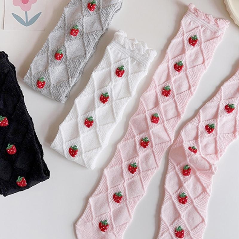 Baby Girls Long Tube Socks Spring Autumn Summer Thin Kids Strawberry Printed Socks Over Knee Length Stockings