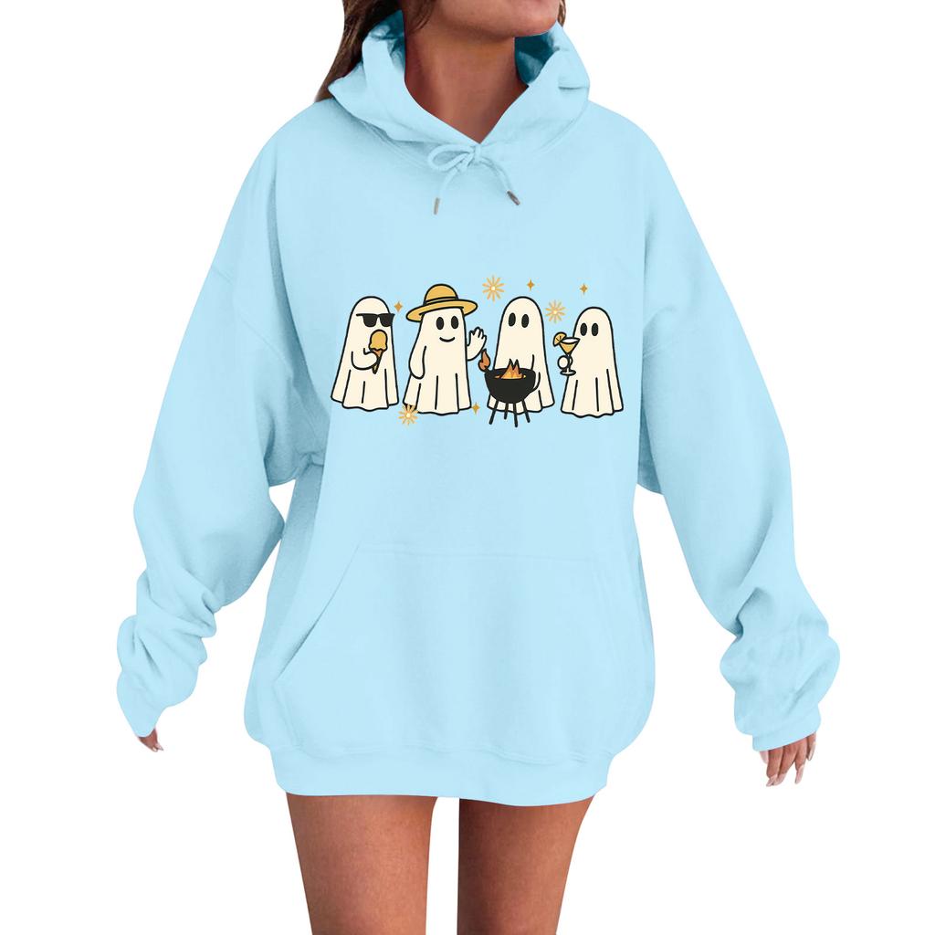 Women's Casual Fashion Comfortable Round Neck With Hood Long Sleeve Halloween Print Warm Sweatshirt