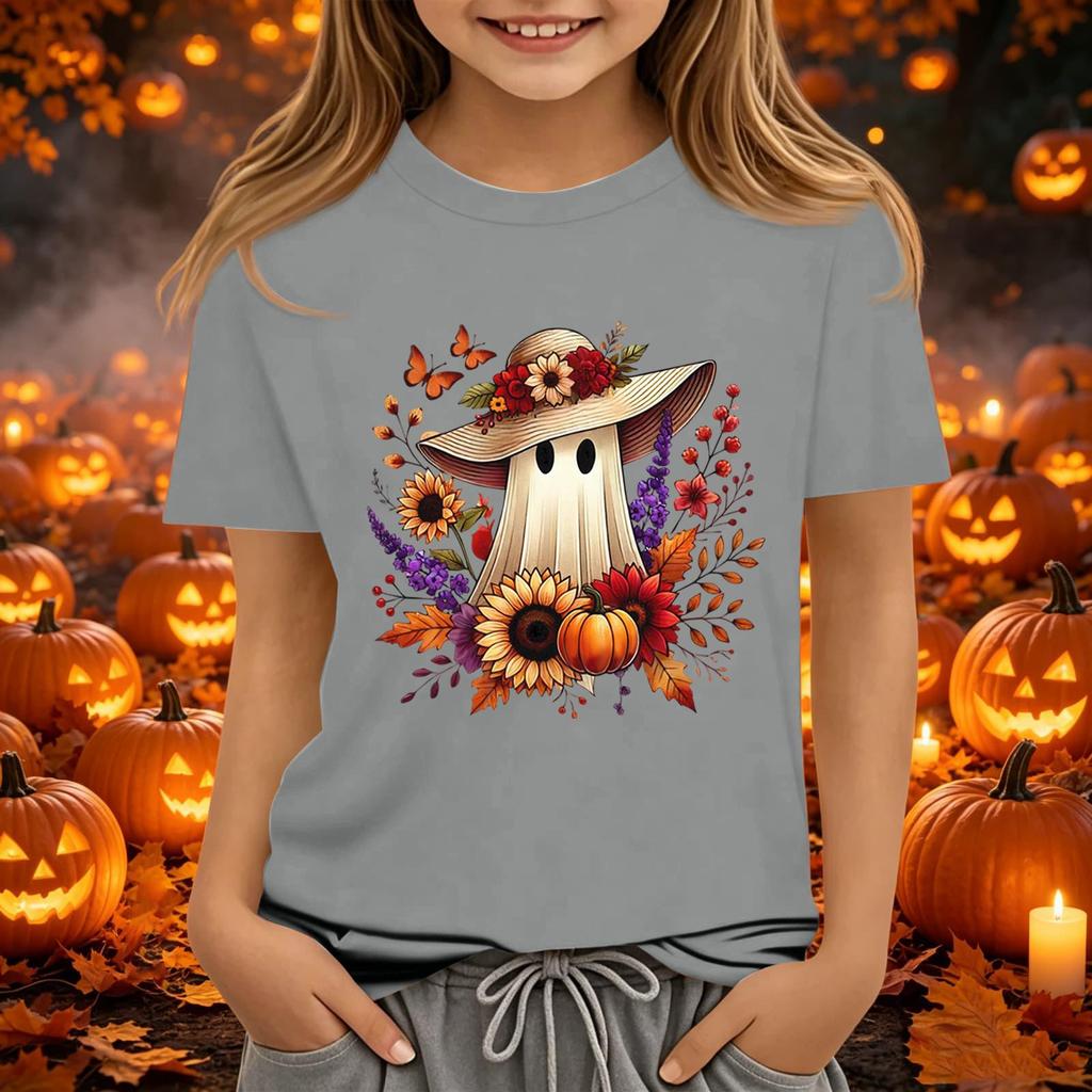 Kids Halloween Printed Short Sleeve T-Shirt Loose Fit Round Neck Casual Tee