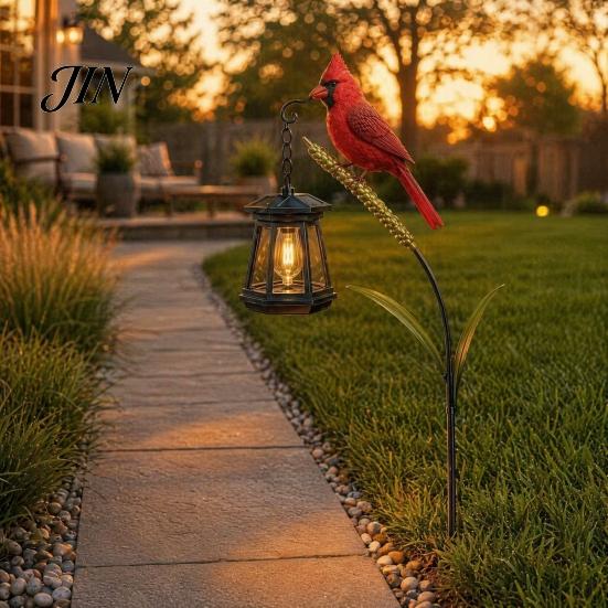 Tealight Candle Holder Outdoor Metal Red Bird Garden Stake Lamp, Vintage Lantern for Cemetery Yard Patio, Hollow For Candles Rustic Ornament,